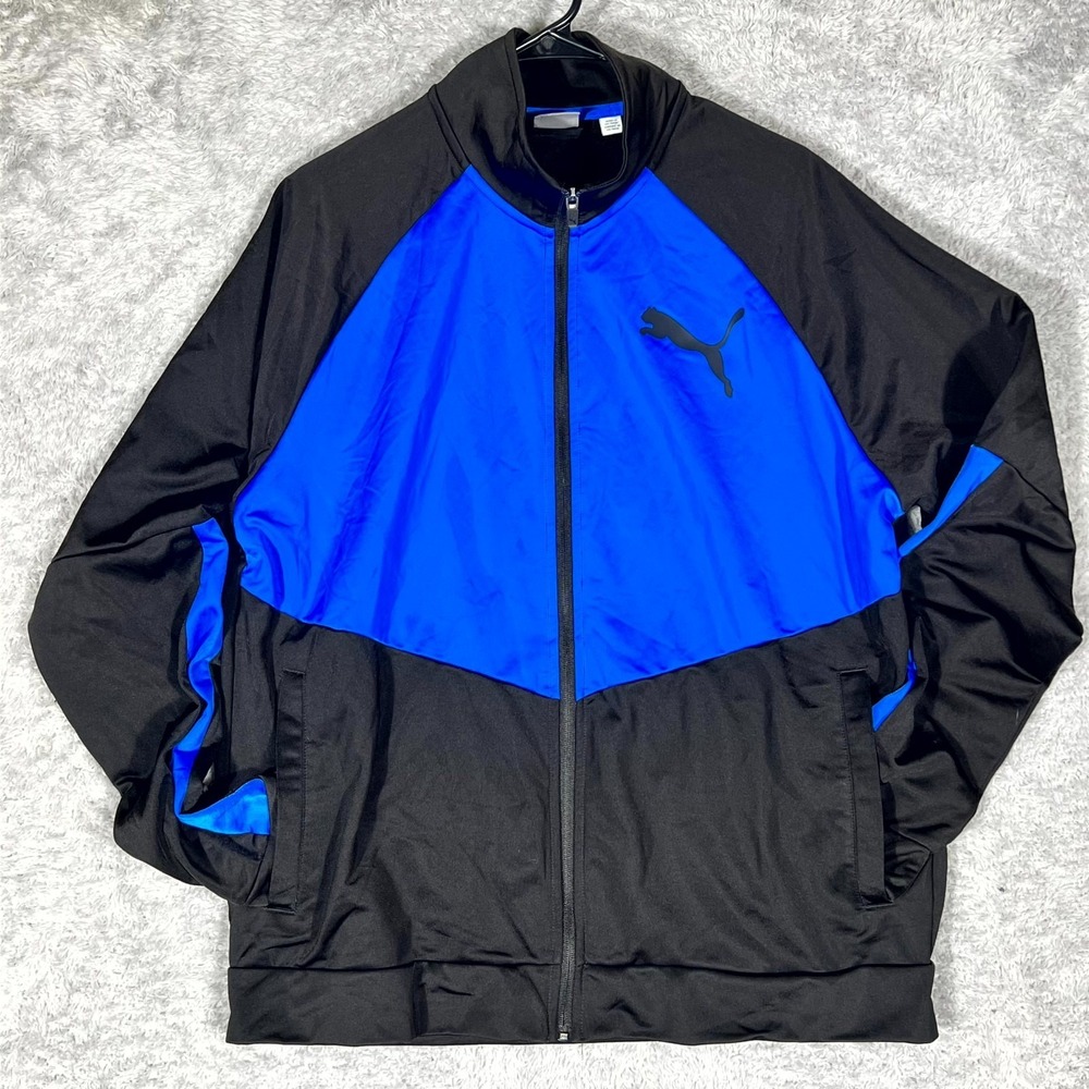Puma Contrast Track Jacket Mens XL Black Blue‎ Long Sleeve Athletic Gym Full Zip